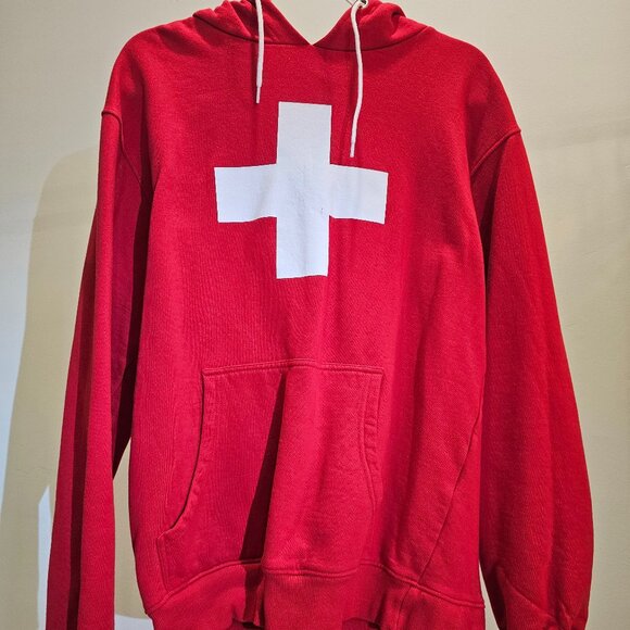 Red (White Cross) Non-Zip Hoodie w/Tunnel Pocket - Picture 1 of 4